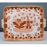 A Chinoiserie porcelain tray, Copeland. Of rectangular form with two flange handles, decorated in