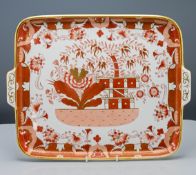 A Chinoiserie porcelain tray, Copeland. Of rectangular form with two flange handles, decorated in