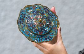 A rare cloisonné enamel and gilt-bronze six-lobed bowl and cover, ‘Zhadou’, Ming Dynasty, 15th/