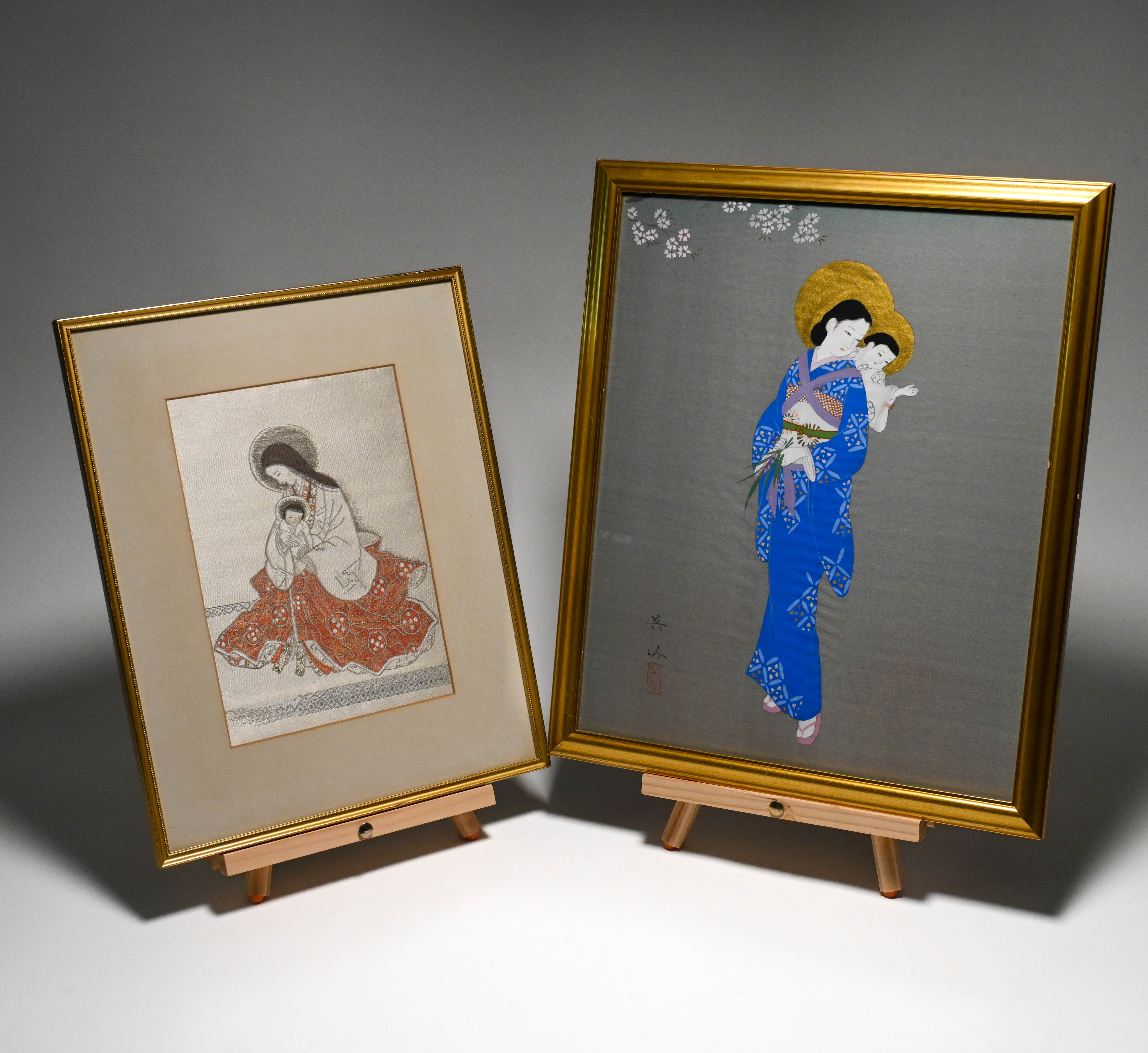 A Japanese Madonna and Child, gouache and gilt on silk, signed and stamped, framed and glazed 47