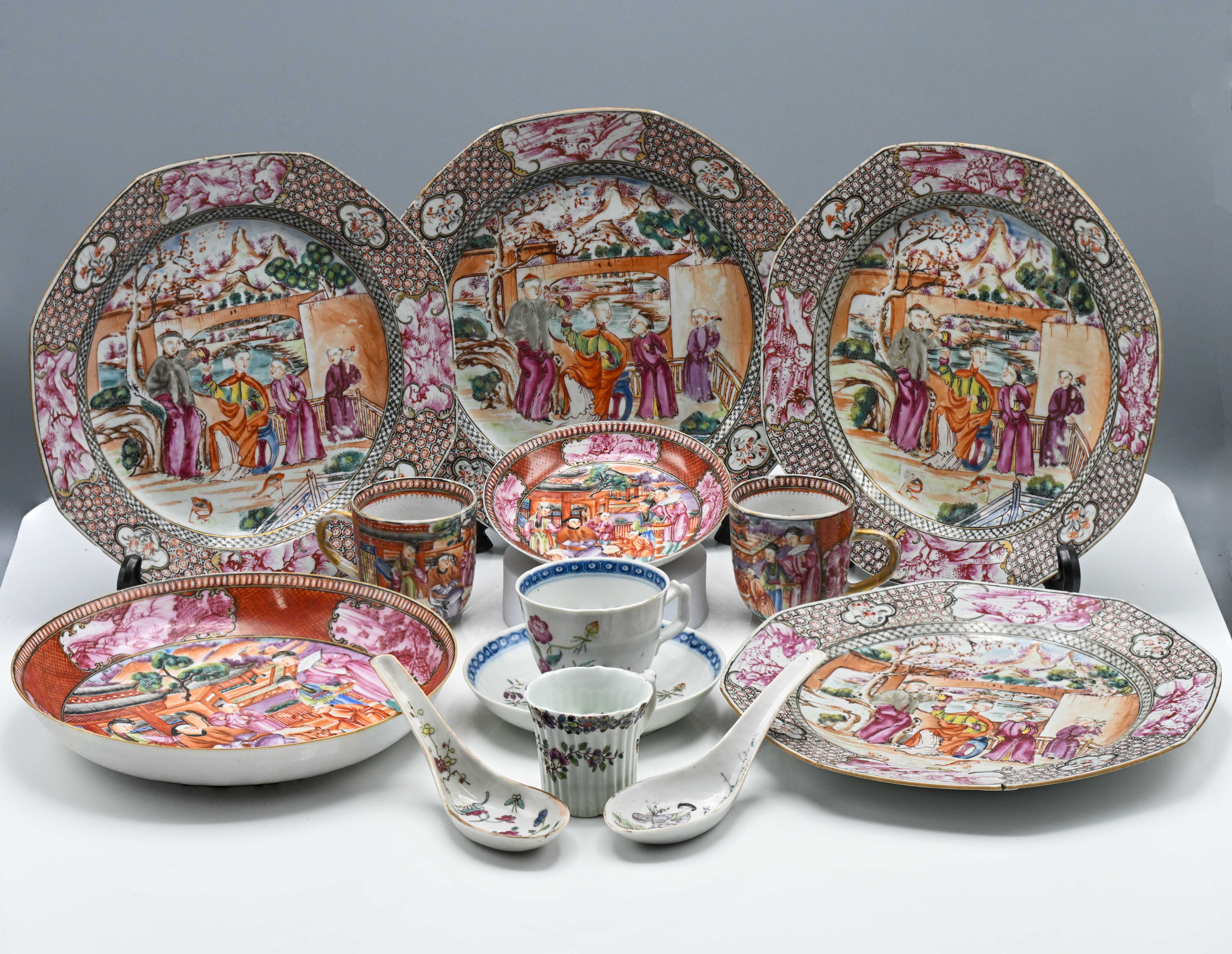 A collection of 'Mandarin Palette' porcelain, Qianlong, comprising; four octagonal plates decorated