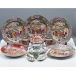 A collection of 'Mandarin Palette' porcelain, Qianlong, comprising; four octagonal plates decorated