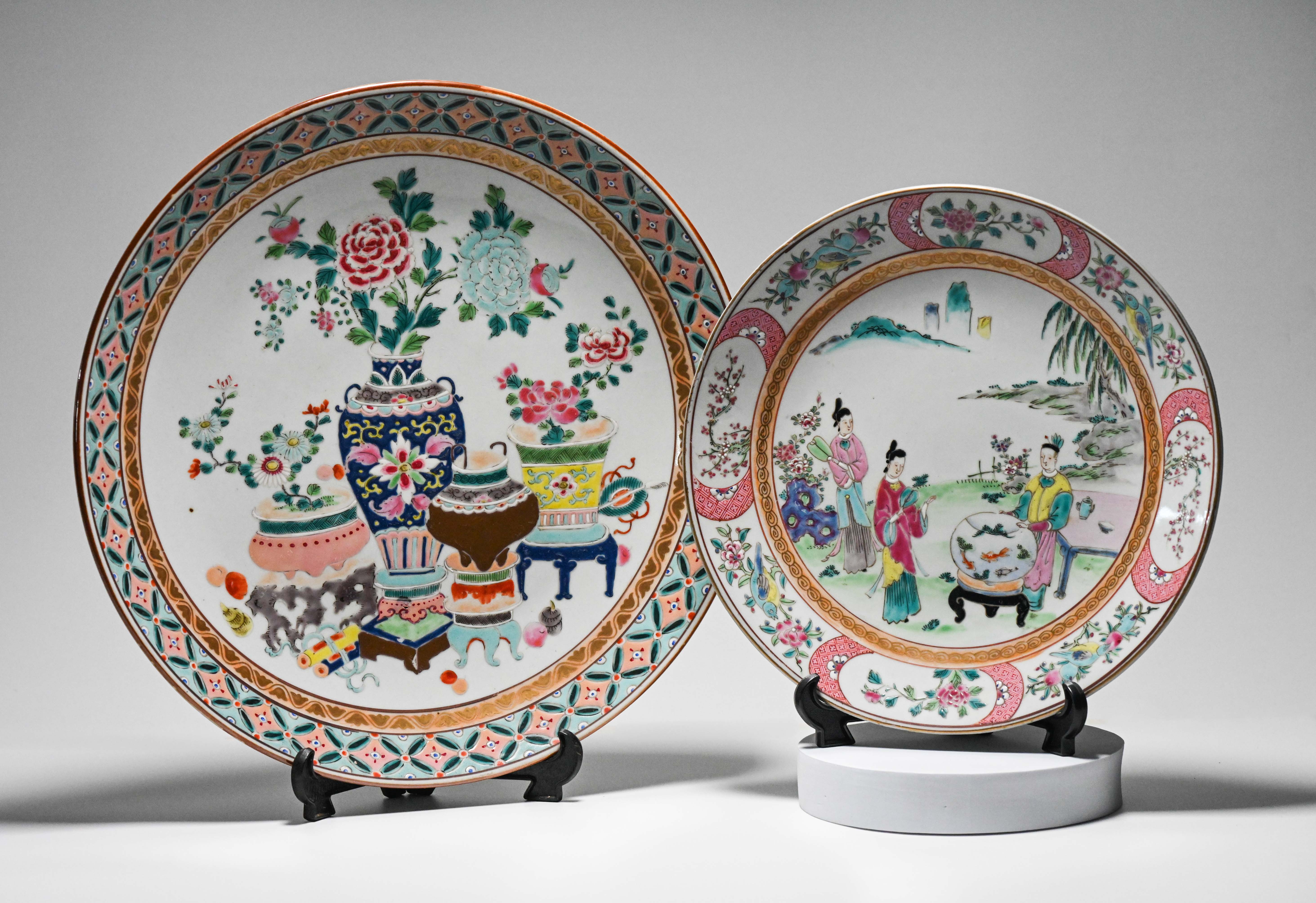Two Chinese Export style Japanese plates, one painted with vases of flowers and Precious Objects,