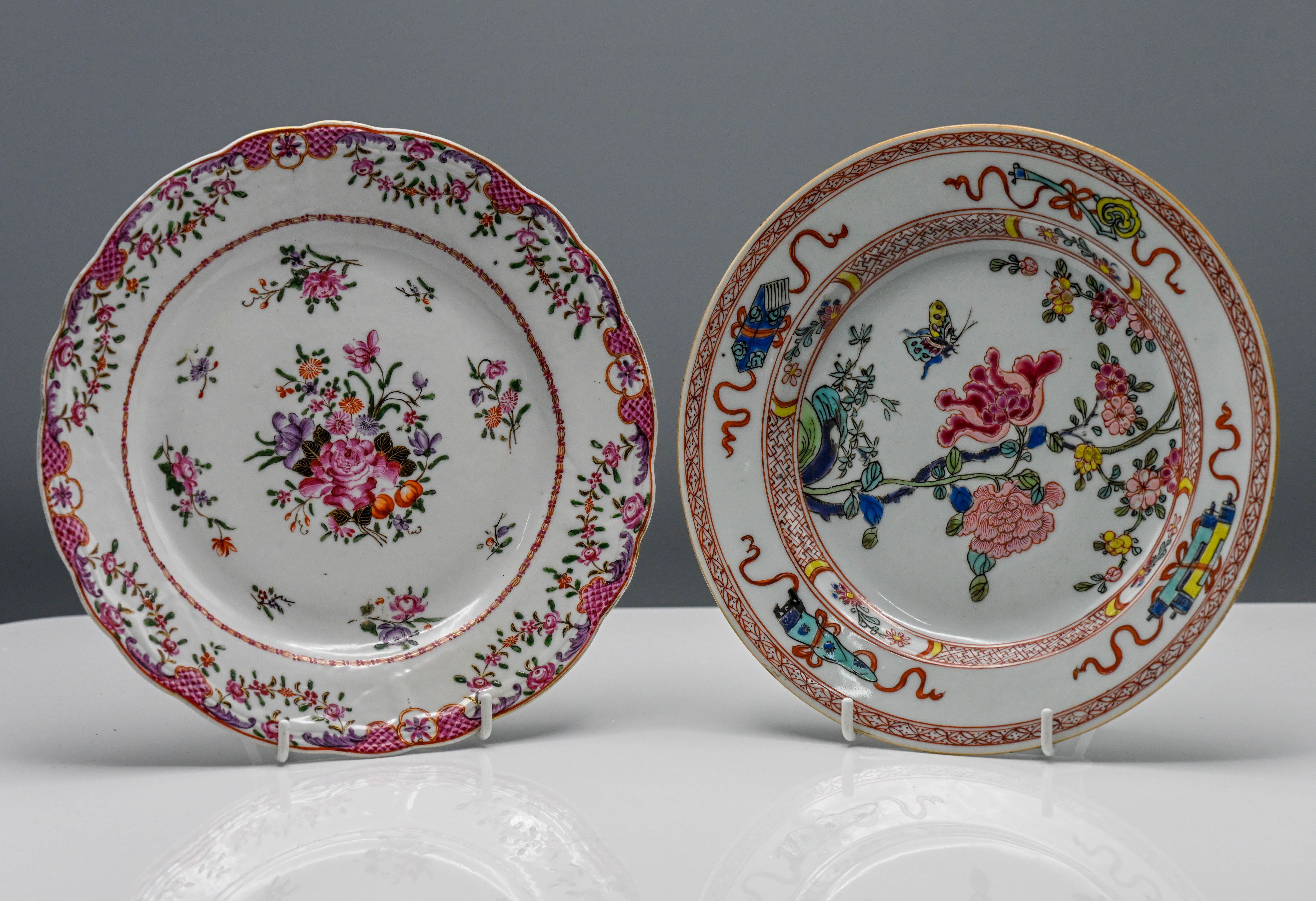 Two Chinese Export 'famille-rose' plates, 18th century, One painted with a butterfly amongst