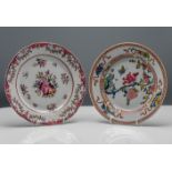 Two Chinese Export 'famille-rose' plates, 18th century, One painted with a butterfly amongst