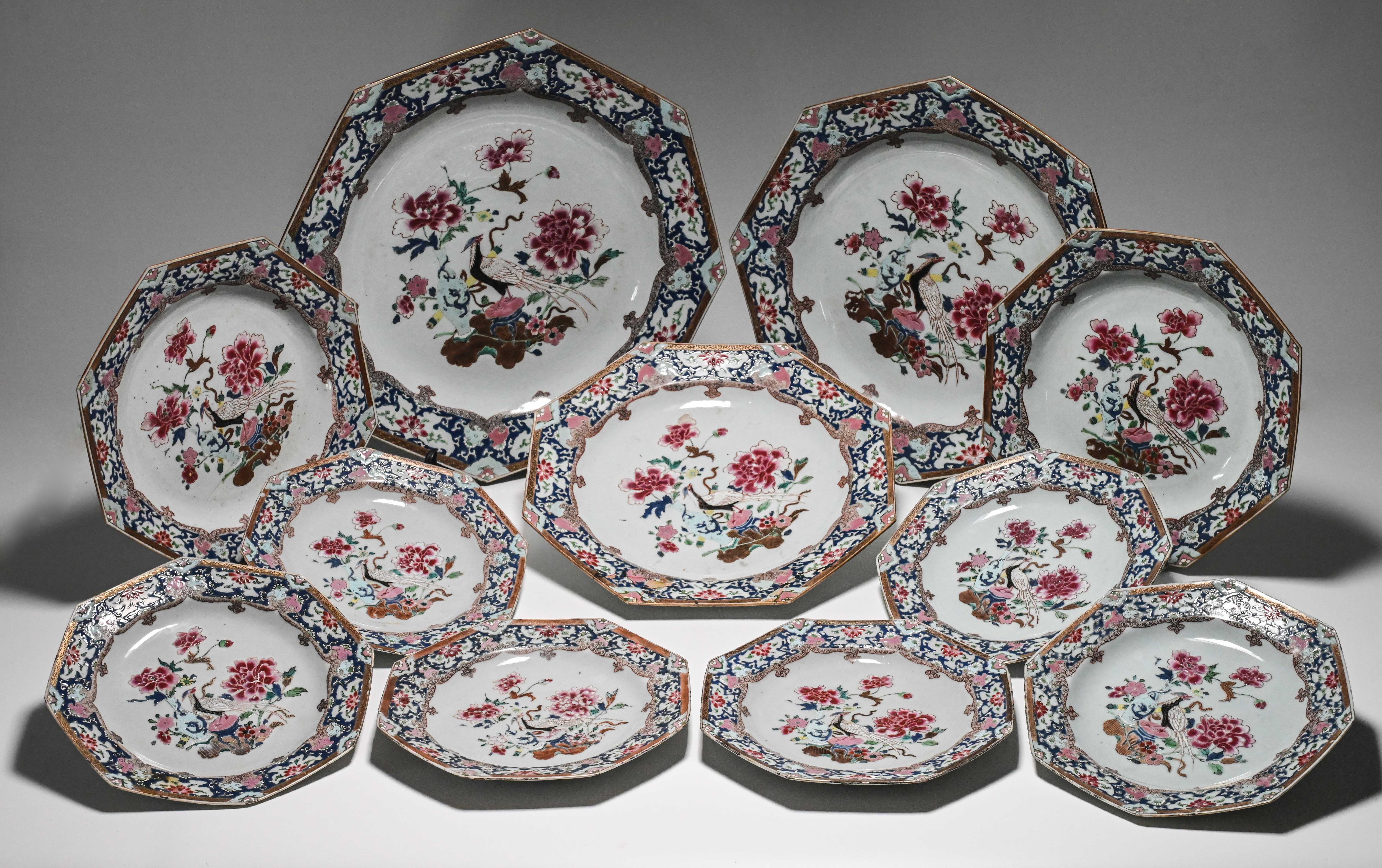 A "famille-rose" part dinner service, Qianlong, each of octagonal form, painted in the centre