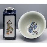 A blue ground 'famille-rose' Japanese vase in the form of a 'Cong', finely decorated on each side