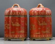 A pair of metal mounted & Chinoiserie caddies and covers, 19th century, Each of lobed upright form