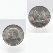 China, Republic, 1 Yuan (Dollar) year 23 (1934), Sun Yat-sen / Junk boat. Chinese silver coin from