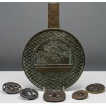 Five Japanese Tsuba, one inlaid in silver and gold with ducks flying over reeds, 6.5cm to 8.5cm;