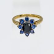 An 18ct yellow gold sapphire cluster ring, set with a central oval cut sapphire surrounded by a