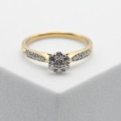 An 18ct seven stone diamond cluster ring, further diamonds to the shoulders, size N.