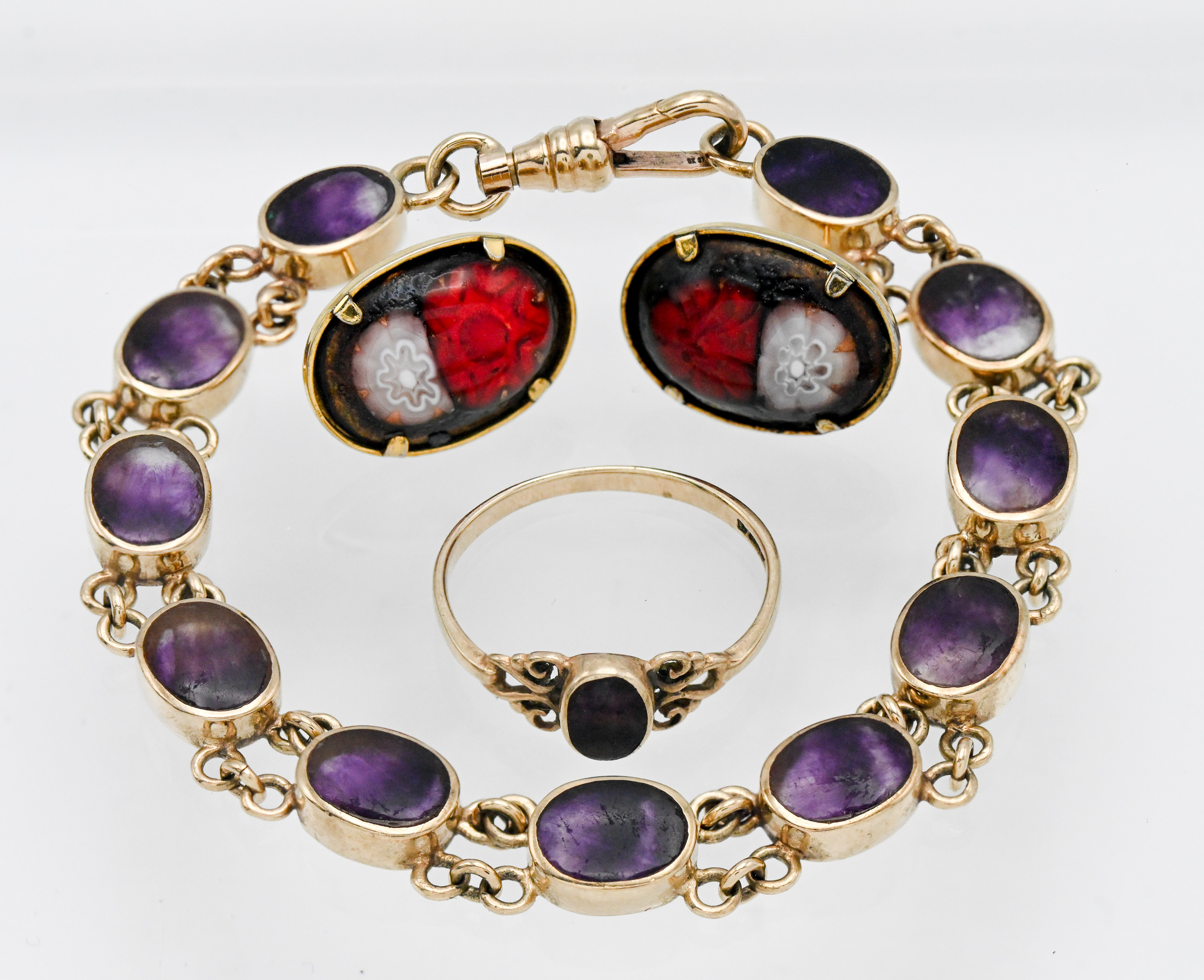 A 9ct yellow gold 'Blue John' stone bracelet, 9ct yellow gold 'Blue John' stone ring and a pair of