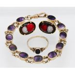 A 9ct yellow gold 'Blue John' stone bracelet, 9ct yellow gold 'Blue John' stone ring and a pair of