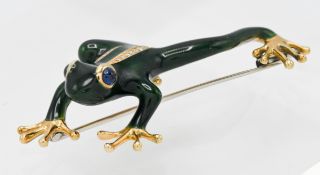 An 18ct gold brooch in a form of a frog enamelled in green with channel set diamonds on its back and