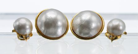 Two pairs of Mabe acute pearl and gold set clip earrings, believed to be 18ct, rubbed overset, not