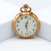 Gold cased fob watch, marked 0.585, the dial with arabic numerals and a keyless movement, the