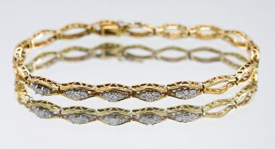 An 18ct yellow gold diamond set centre bracelet, curb diamond shape pattern, diamonds approx. 0.