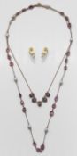 A 9ct amethyst and pearl necklace together with a pair of pearl earrings, marked SDPB and a garnet