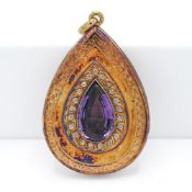 An 18ct yellow gold amethyst pear shaped and diamond set pendant locket with engraved border, 21mm x