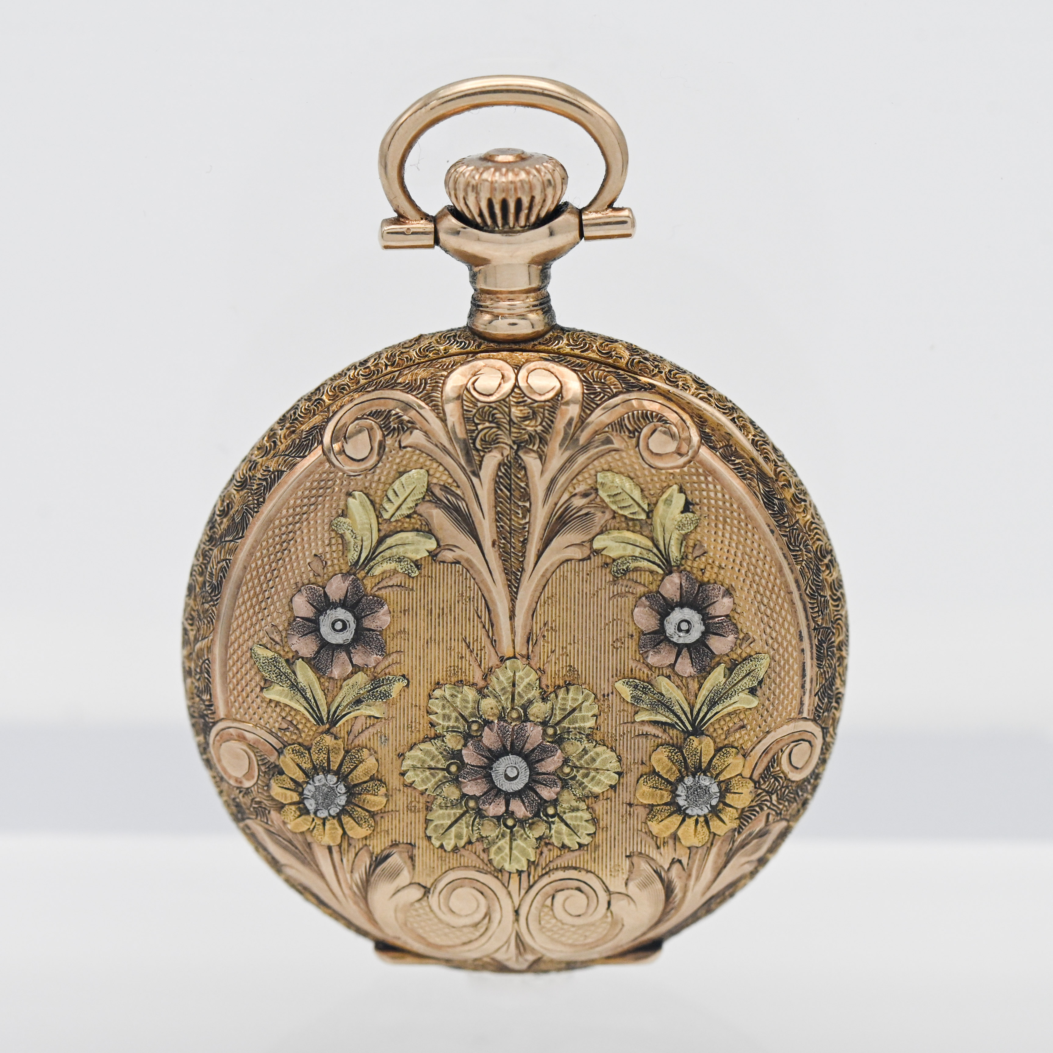 A 14K yellow gold Waltham pendant wind pocket watch, with flower pattern (no inner glass), cased, - Image 2 of 4