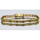 High-carat yellow gold open and bar link style bracelet with safety chain, probably 18ct, length