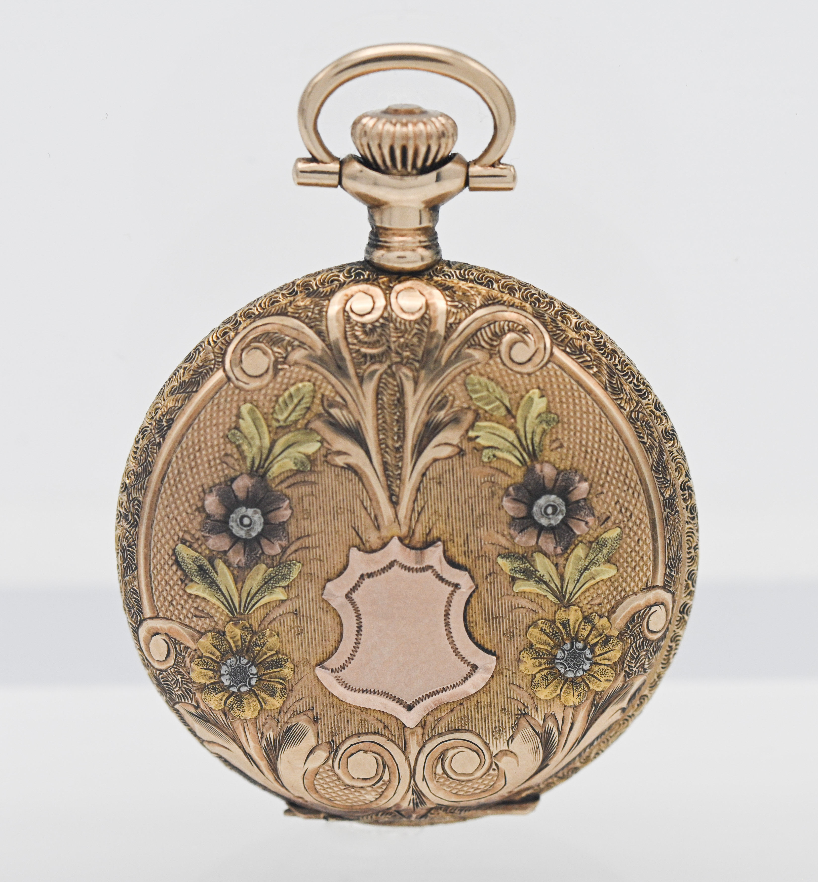 A 14K yellow gold Waltham pendant wind pocket watch, with flower pattern (no inner glass), cased, - Image 3 of 4