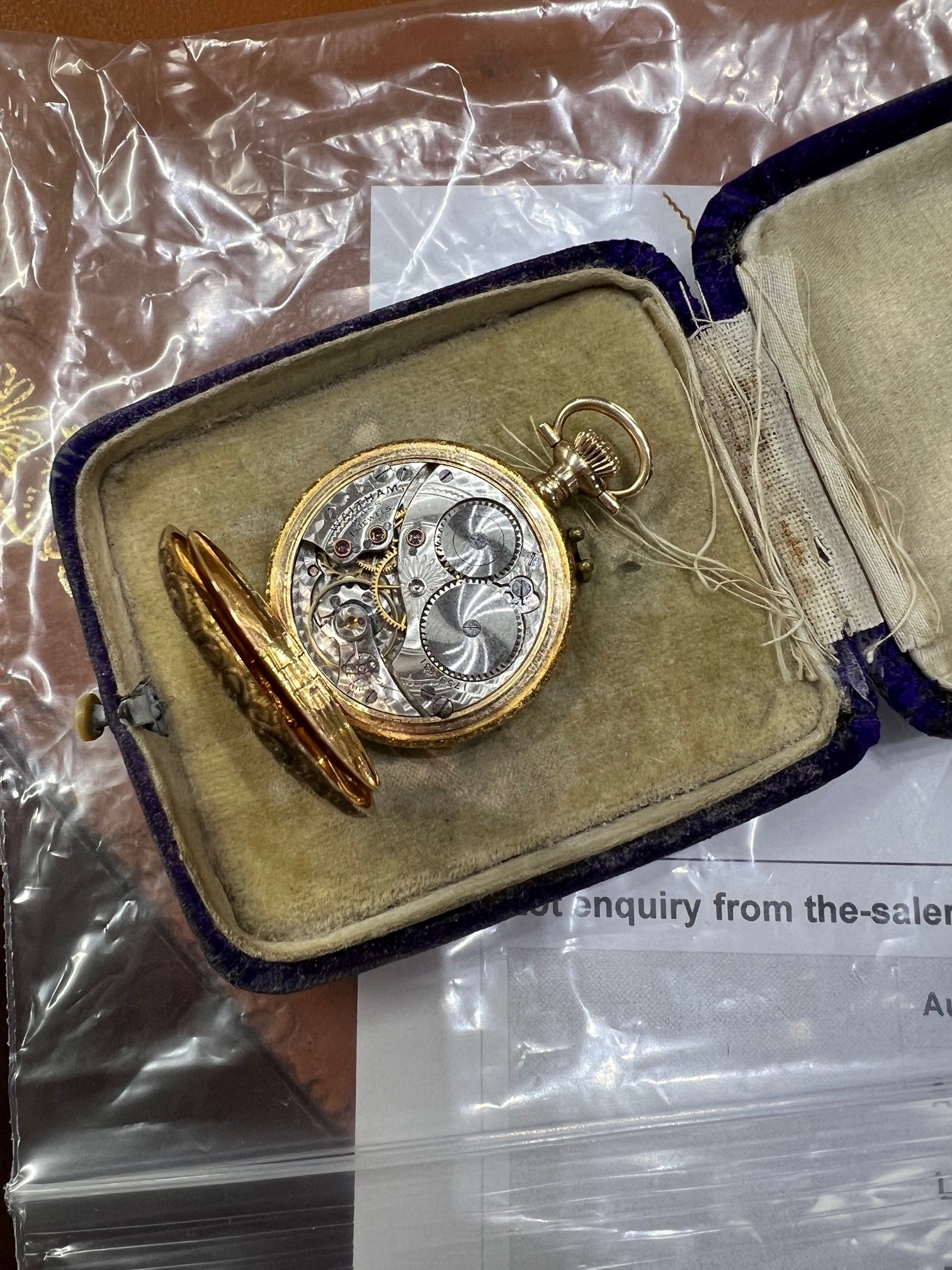 A 14K yellow gold Waltham pendant wind pocket watch, with flower pattern (no inner glass), cased, - Image 4 of 4