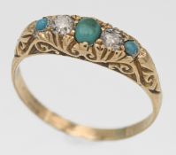 An 18ct turquoise and diamond set ring, indistinct hallmark, size P/Q.