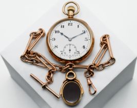 A 9ct open face pocket watch with arabic numerals sub second dial, running, with a 9ct gold albert
