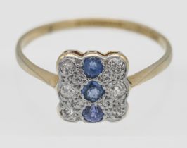 An 18ct diamond and sapphire set square shape ring, size V.