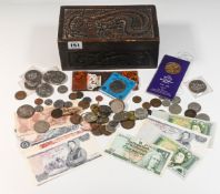 Various British coins in carved wood box including 1981 Jubilee crown, 1977 crowns etc.