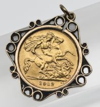 A 1912 half sovereign pendant mounted, approx. 6.6g.