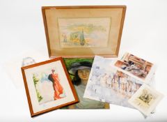 A collection of artworks to include watercolour by Michael Cadman, signed and dated 1987, Rush