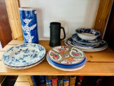 Oriental blue and white blossom blue vase together with other oriental plates and China wares.