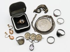 Churchill mounted coin pendant, coin brooch, sundry pieces including dress ring and pair of cameo