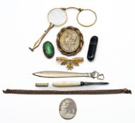 A Victorian pinch back cameo overall height 65mm together with a pair of lunette's in gilt metal,