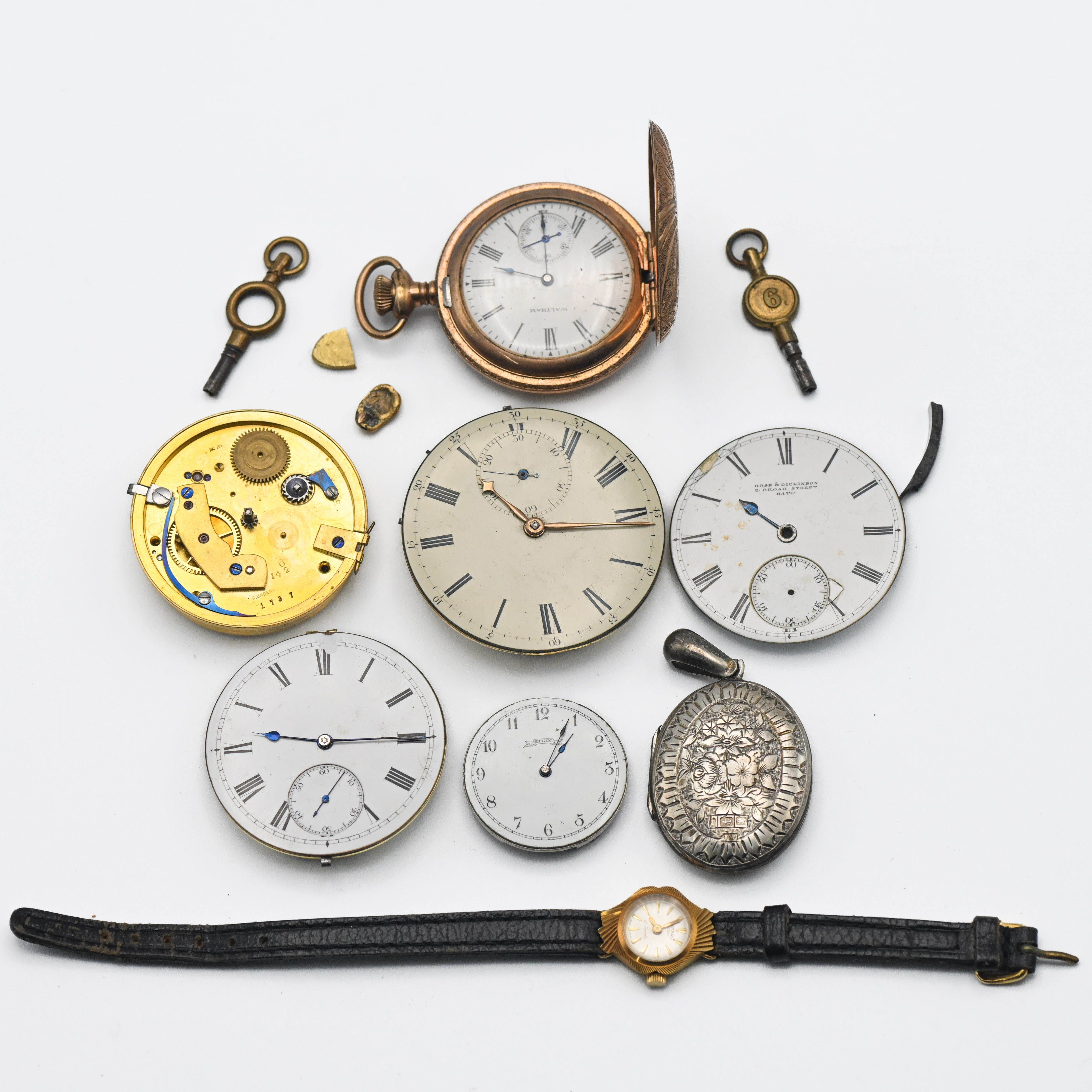 Collection of pocket watch movements, also a full hunter Waltham fob watch in gold plate etc