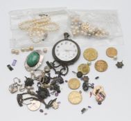 A mixed bag to include foreign coins, cufflinks, pocket watch etc.