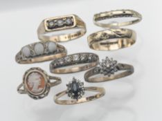 A collection of eight 9ct gold dress rings, approx. 15g.