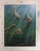 David A Scott, 'Otter and a Trout' oil on board, signed, size of image 74cm x 55cm.