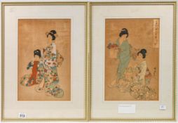 Two Japanese coloured wood block prints, framed and glazed, overall size 51cm x 37cm.