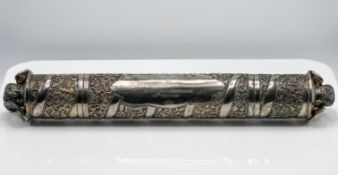 A large Indian silver ornate scroll cylindrical scroll holder, length 56cm each end decorated with