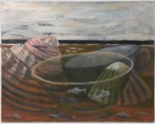 J.J.Mellings, Cups Between Waves (1992), painting on canvas. (70cm x 55cm) This artwork is being