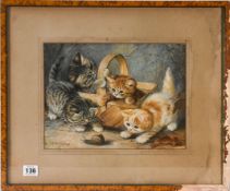 Ada E.Tucker watercolour 'Cats' with label on reverse early 1900's, framed and glazed, overall