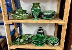 Collection of cabbage leaf and other green China wares.