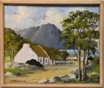 Oil painting, indistinctly signed K.C,McKewn? Oil on board White Cottage in Highland setting,