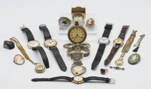 An Ingersoll pocket watch together with a collection of other assorted watches, cameos and a 9ct