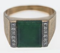 A 14ct yellow gold diamond and green stone ring, size Q (slightly misshaped).