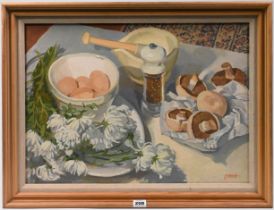 Ken Symonds (1927-2010), Essay in Pink and White, oil on canvas, mounted on board and framed. (